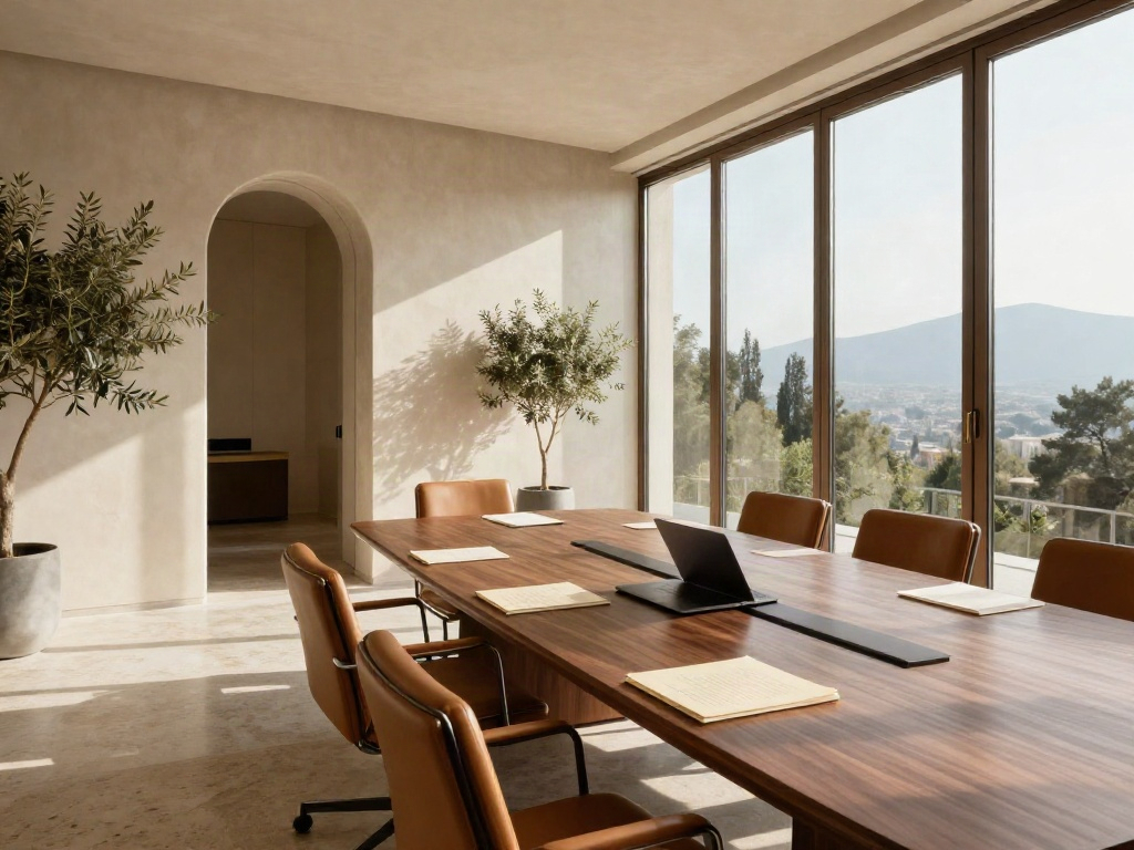 Sunlit contemporary boardroom with a walnut conference table, prepared for a business strategy session